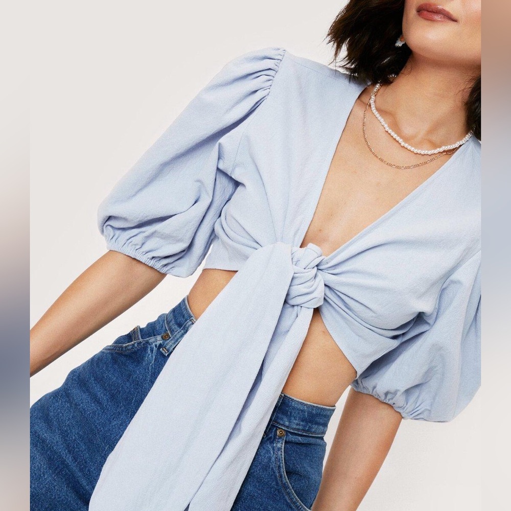 Nasty Gal Blue Puff Sleeve Tie Front Crop Top